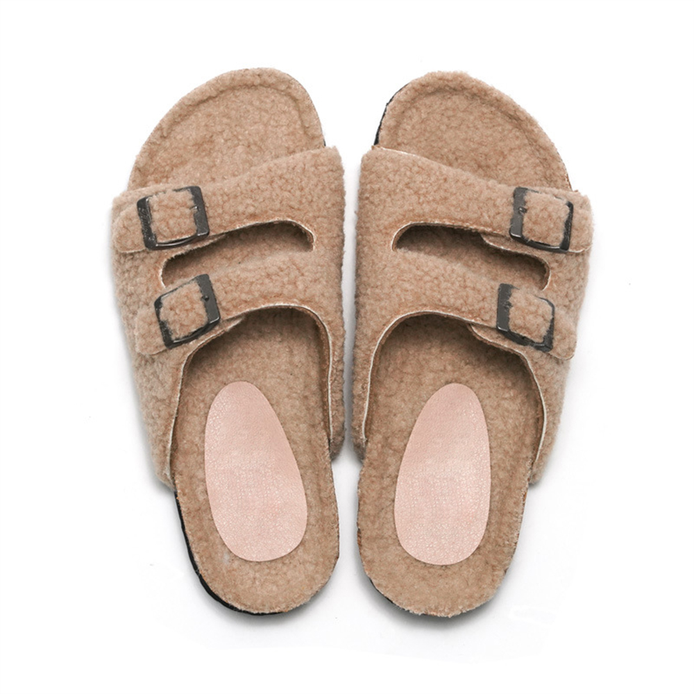 Chinelos de pele sintética novos chinelos de cortiça outono e inverno feminino parte superior de cordeiro quente exterior sapatos de praia