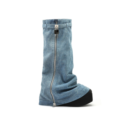 Botas de cowboy com plataforma de salto cunha, botas longas coxa jeans grossas e largas para mulheres