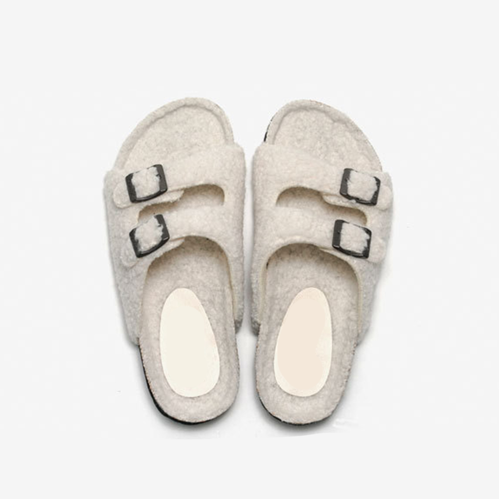Chinelos de pele sintética novos chinelos de cortiça outono e inverno feminino parte superior de cordeiro quente exterior sapatos de praia