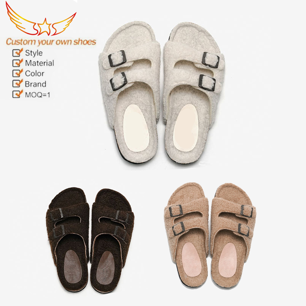 Chinelos de pele sintética novos chinelos de cortiça outono e inverno feminino parte superior de cordeiro quente exterior sapatos de praia