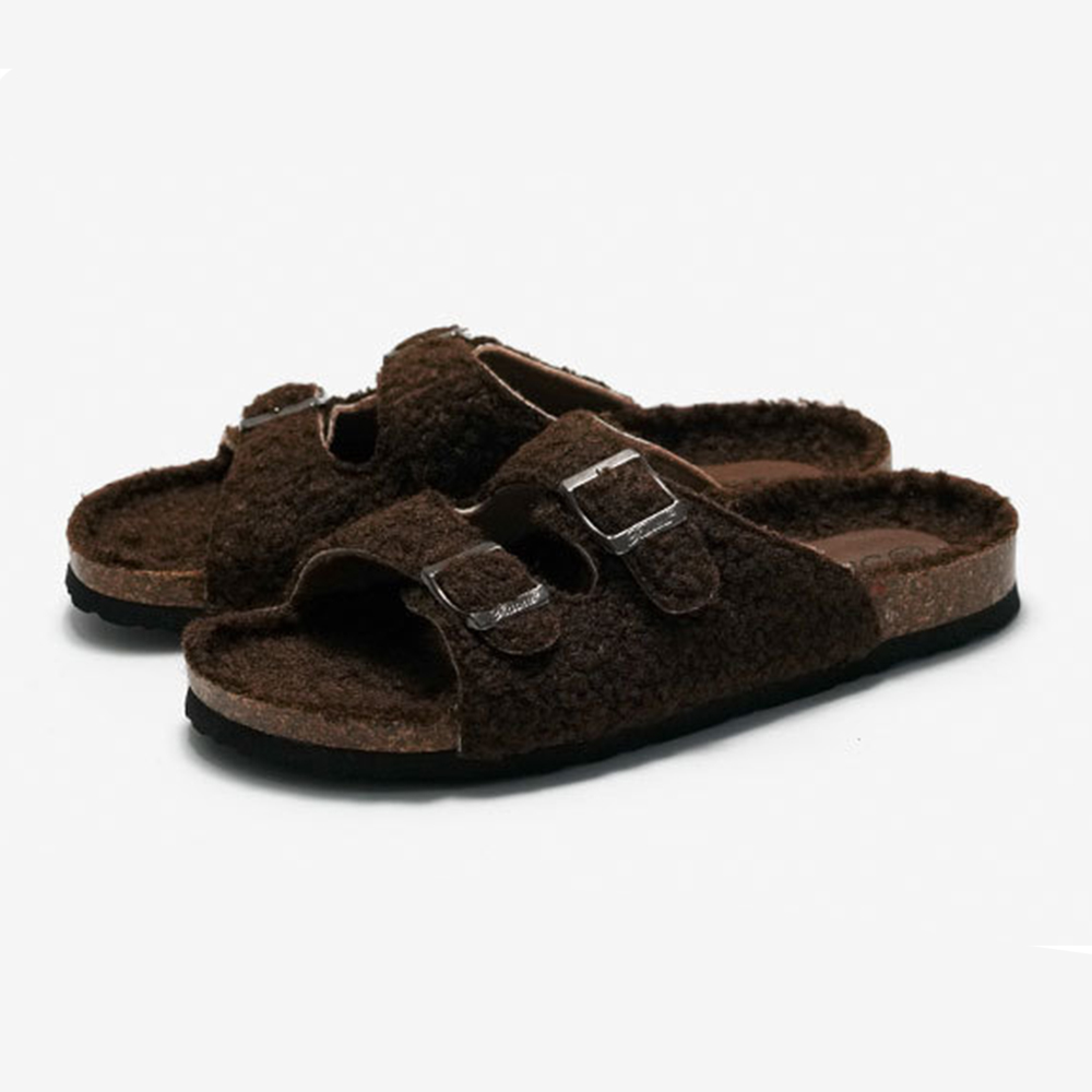 Chinelos de pele sintética novos chinelos de cortiça outono e inverno feminino parte superior de cordeiro quente exterior sapatos de praia